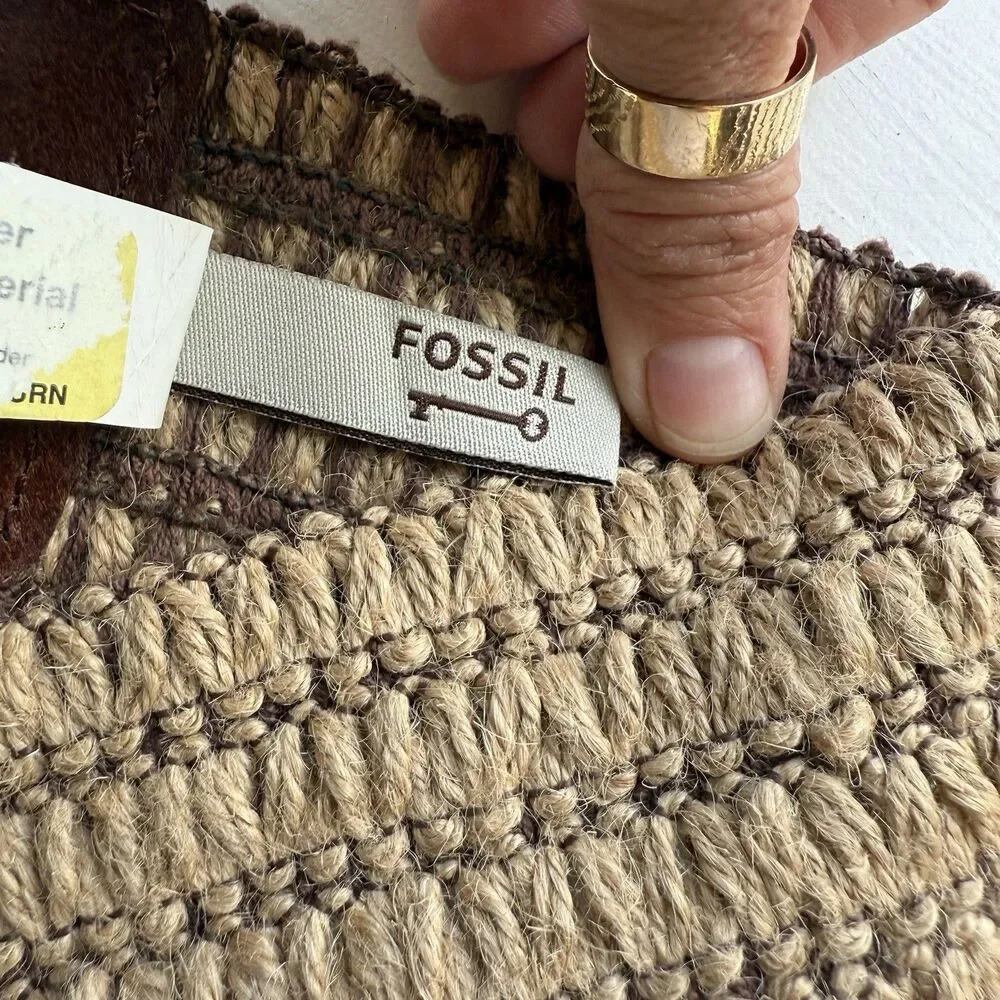 Fossil Macrame & Leather Belt/Stretch Brass Bit and Ring Gold Hardware Sz M New